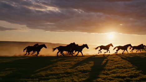 wild horses running at sunset