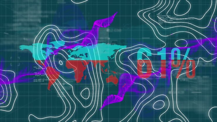 Mappa del mondo e percentuale crescente su topografia ed elaborazione dati su sfondo verde