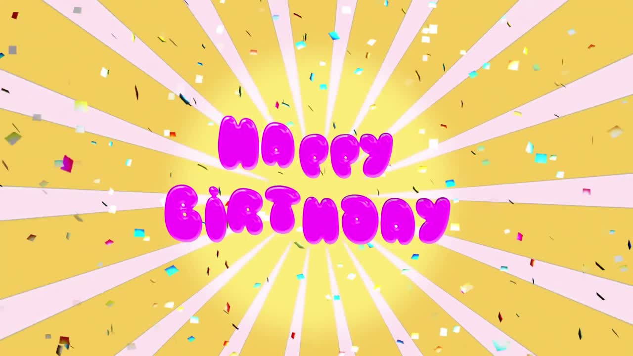 회전하는 노란색과  ⁇ 색 줄무 ⁇ 에 쓰여진 생일 축하