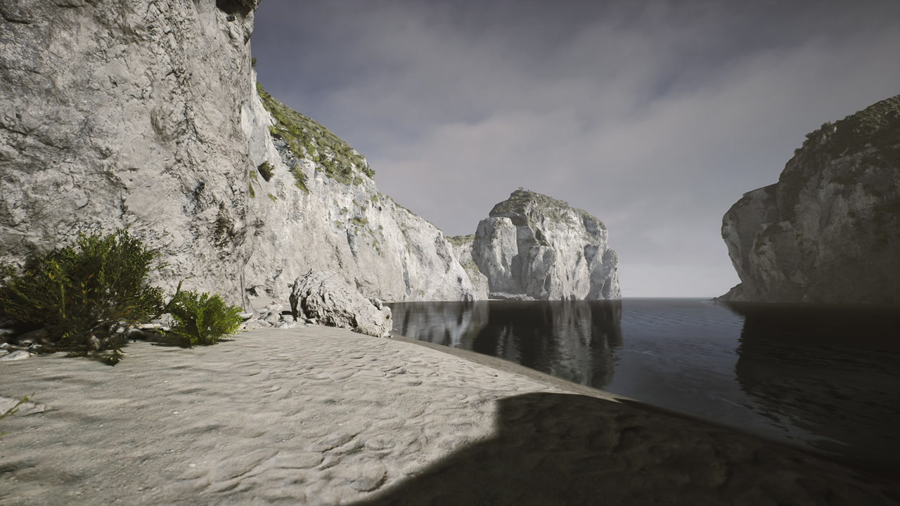 Serene coastal landscape with cliffs and calm water at dawn