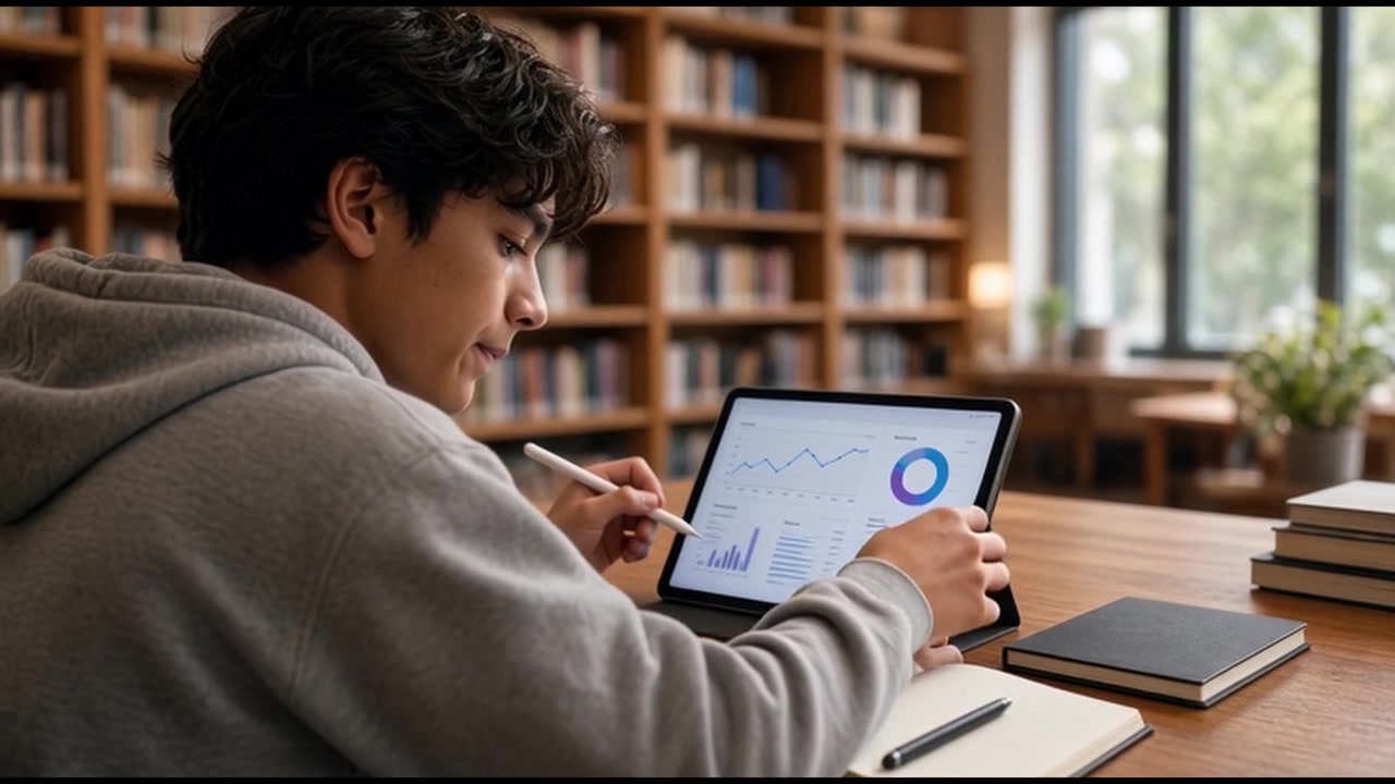 Student Analyzing Data Charts on Tablet in Library