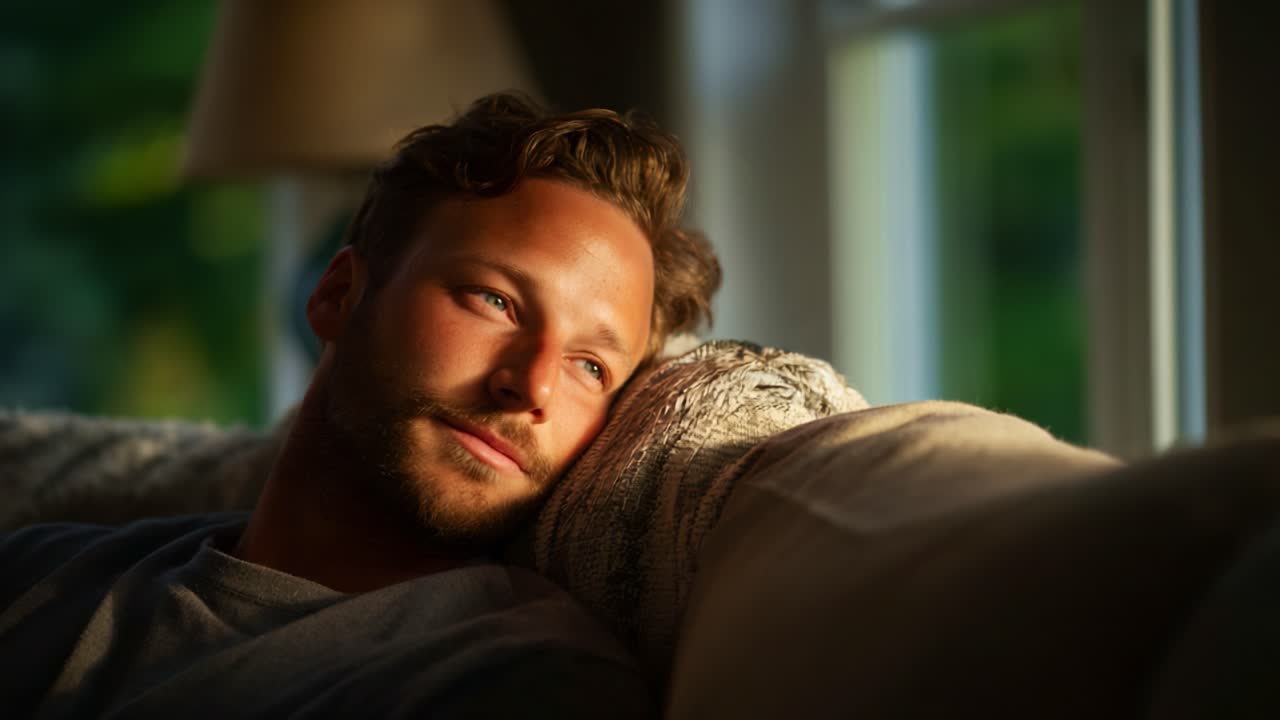 Eftertænksomt øjeblik: En tankefuld person slapper af på en sofa, badet i varmt naturligt lys fra vinduet og indfanger en følelse af fred og eftertanke