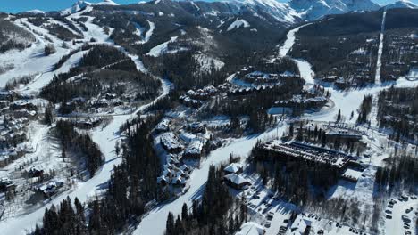 aerial view of a popular ski town in backcountry colorado during the winter