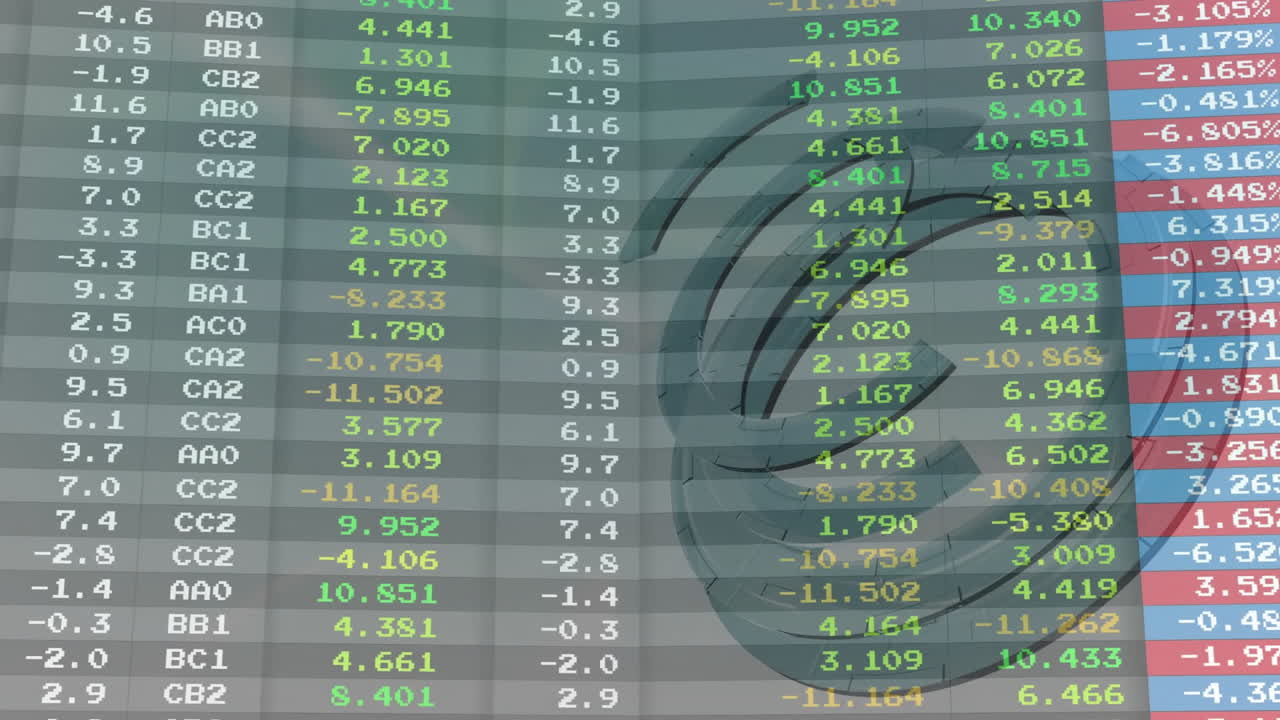 Overlaying stock market data, abstract circular design with green and red numbers