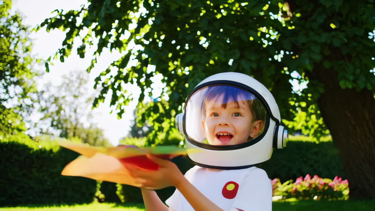 A happy child plays astronaut in a sunny park with a colorful toy