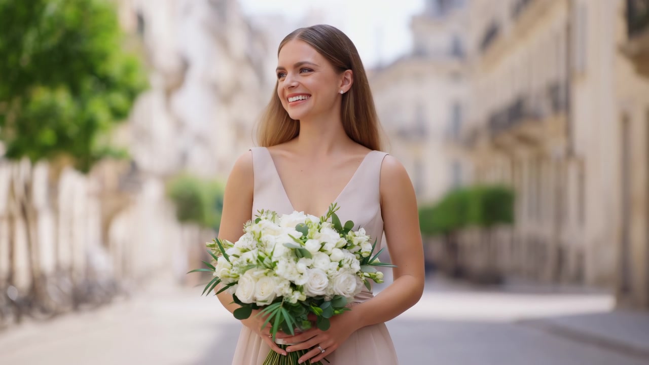 Una giovane donna sorridente in un abito rosa chiaro senza maniche si trova su una strada urbana sfocata, tenendo in mano un grande bouquet bianco con steli verdi in una luce diurna soffusa.