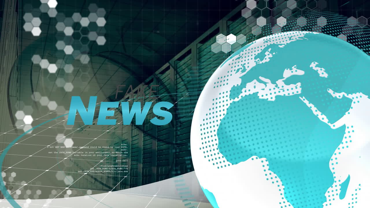Animación de procesamiento de datos digitales, texto de noticias y globo terráqueo sobre servidores informáticos