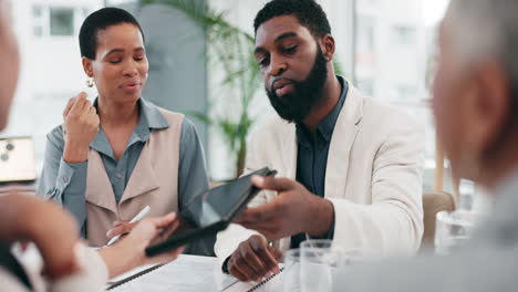 meeting, talking and business people with a tablet