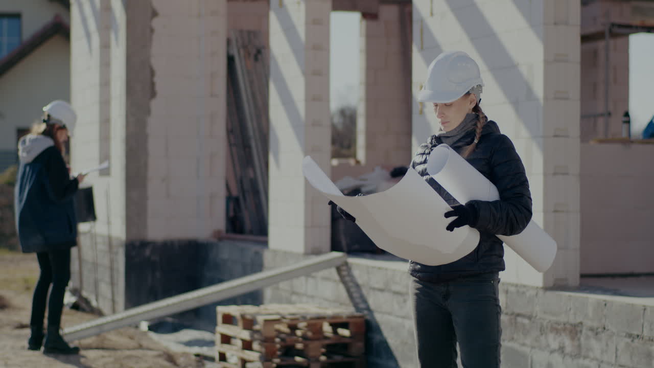 Young female engineer examining blueprint while standing near supervisor at construction site on sunny day