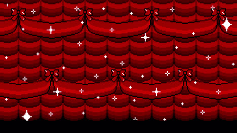 pixel art red curtains background with sparkling stars