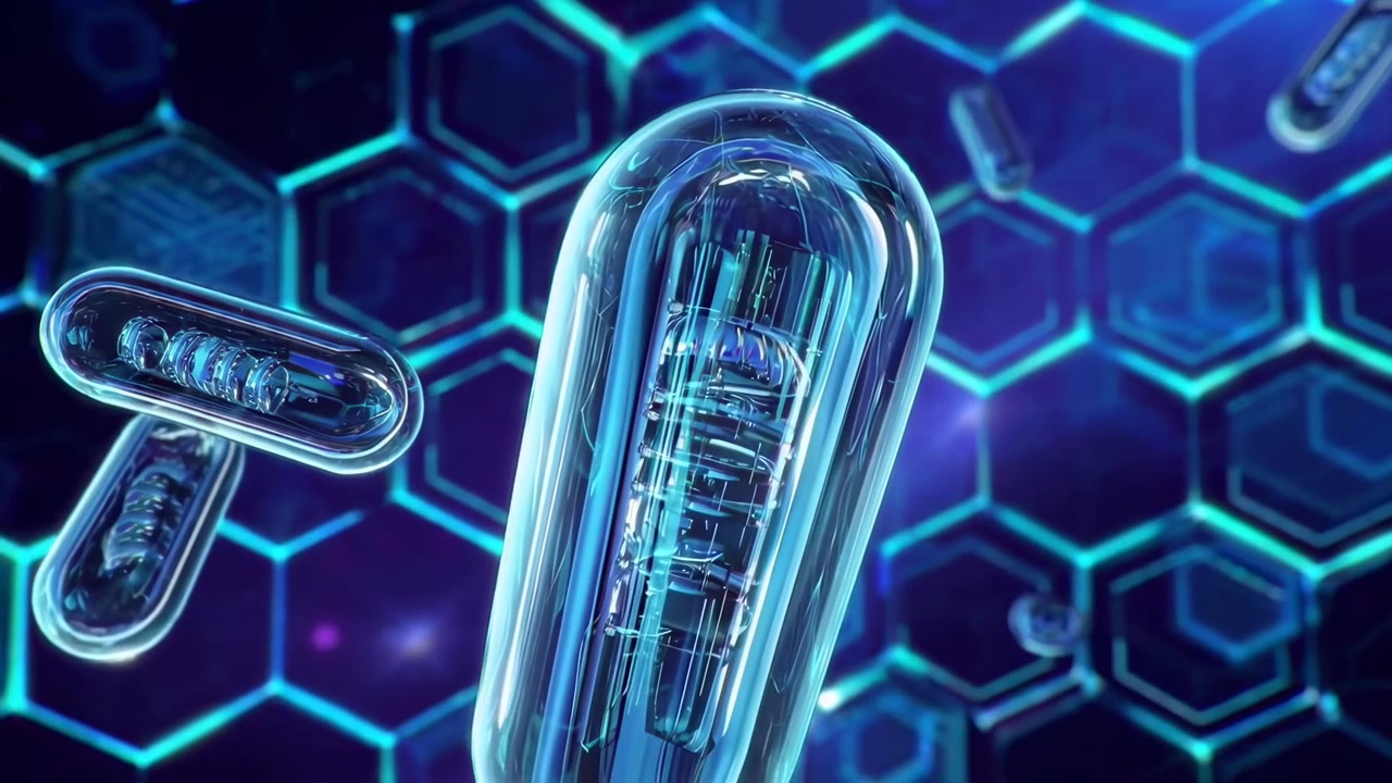 Transparent Capsules with Nanobots Floating in a Futuristic Blue Grid