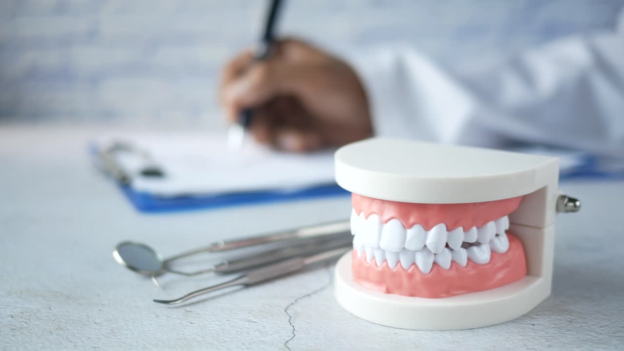 modelo de dentista que examina los dientes