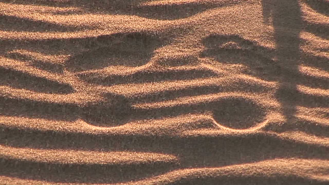 해가 지는 모래 속의 발자국