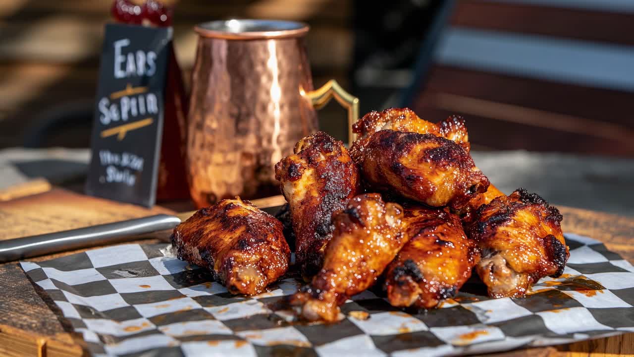 Delicious barbecue chicken wings are resting on a checkered paper placed on a wooden table, with a copper mug and a sign in the background, creating a rustic and inviting atmosphere