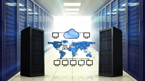 archiviazione cloud e una stanza piena di torri server