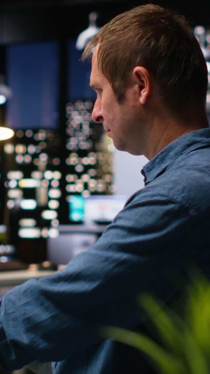 Vertical Video Professional worker in creative office uses CAD software and blueprints plan