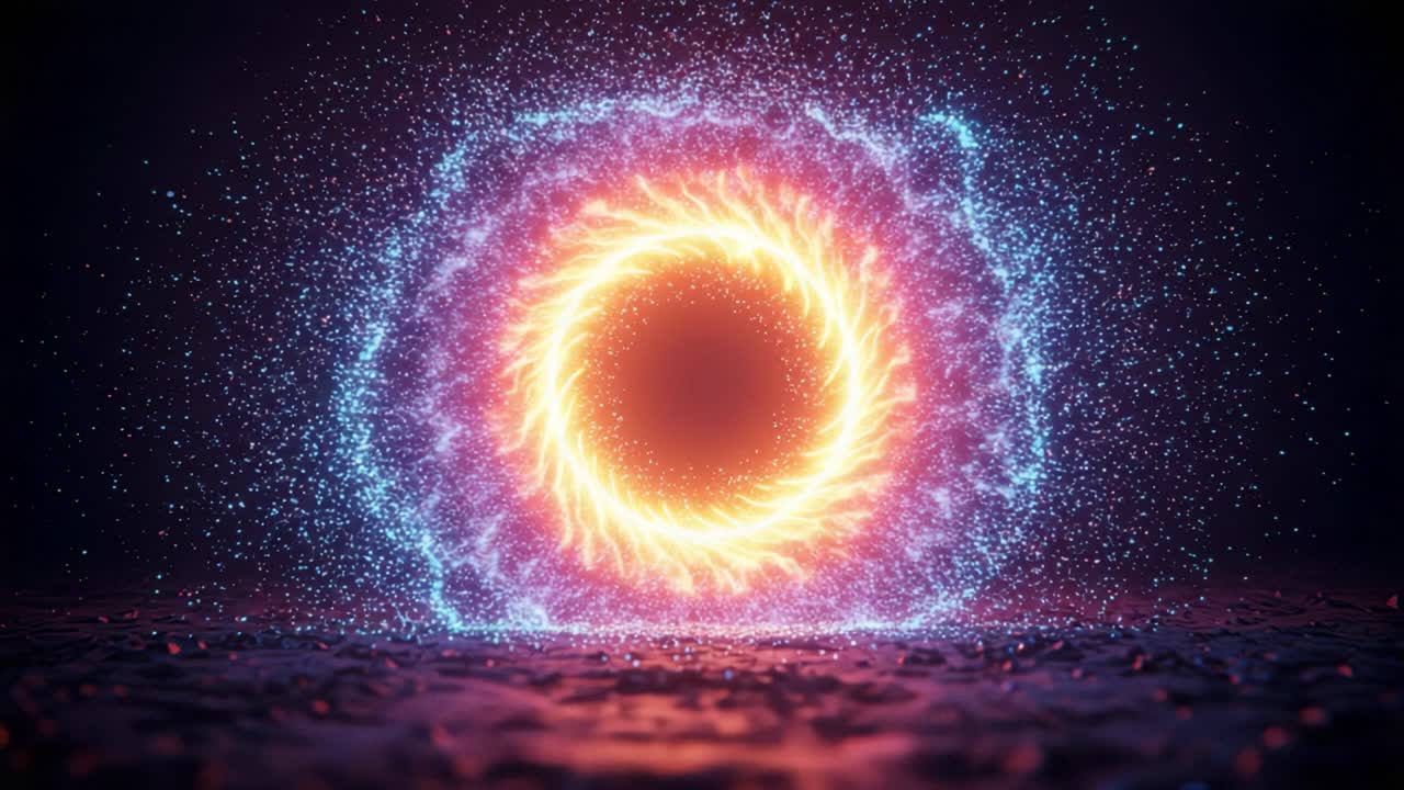 A Stunning Visual Display of Energetic Particles Forming a Luminous Circular Pattern in a Dark Cosmic Environment, Representing Vibrant Forces of Nature