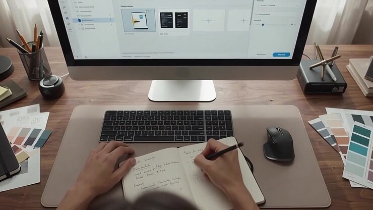 Designer che lavora al computer e prende appunti su un taccuino