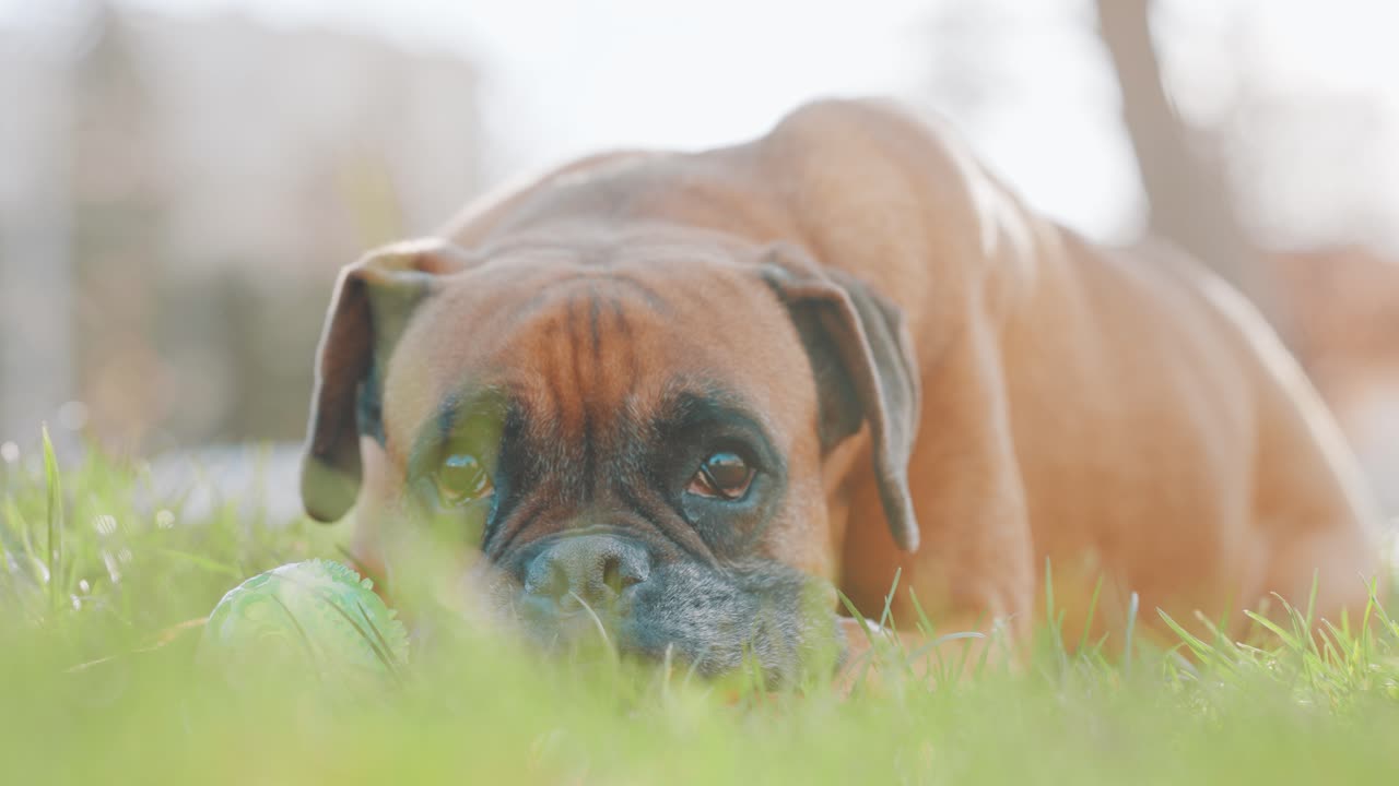 Boxer dog resting on grass with tennis ball
