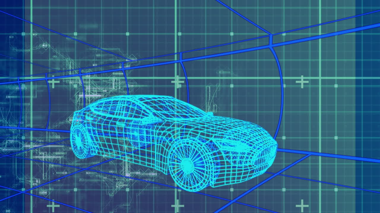 animación de un coche con interfaz gráfica de usuario que se mueve en el puente contra el patrón de la cuadrícula