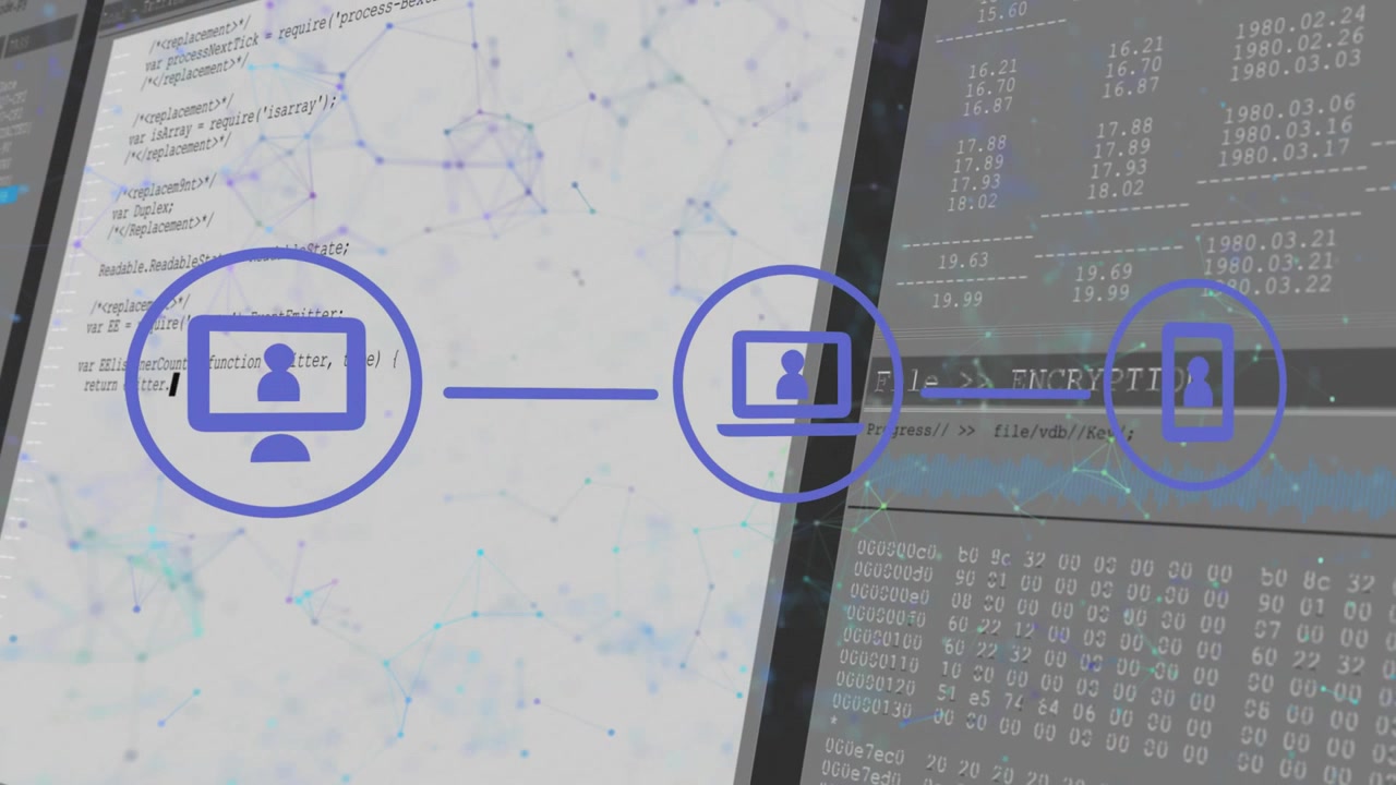 Triggered by purple circle fading, device icons connecting and pulsing while showing encryption