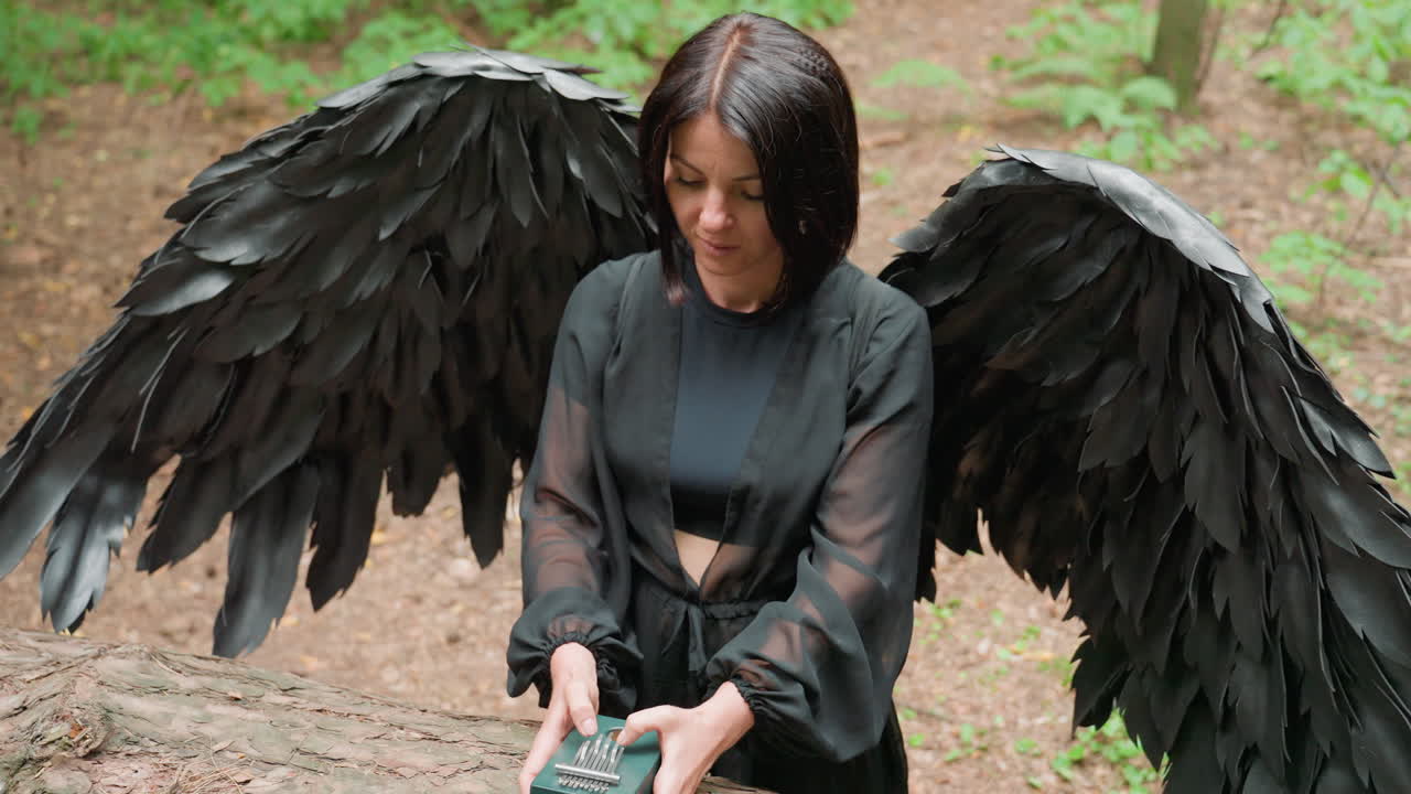Black winged fairy in dark outfit standing near fallen trunk in green forest, gently plucking metal tines on small green thumb piano, expressing calm focus and ethereal beauty