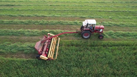 using a hyrdoswing swather, a wisconsin farmer cuts a field of alfalfa and grass