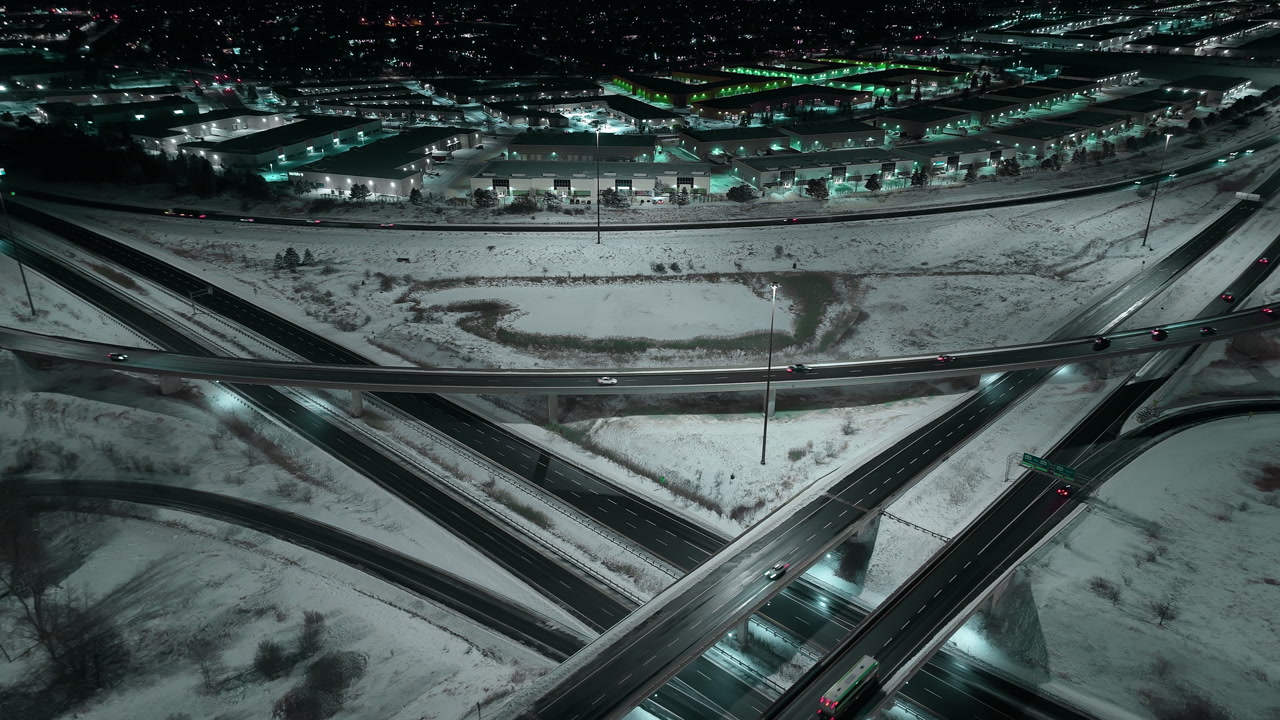 Winter aerial view of Mississauga highways in Ontario at night
