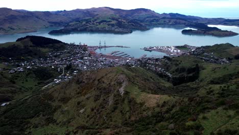 Aerial-Diamond-harbour,-Lyttelton-port-and-small-town,-New-Zealand