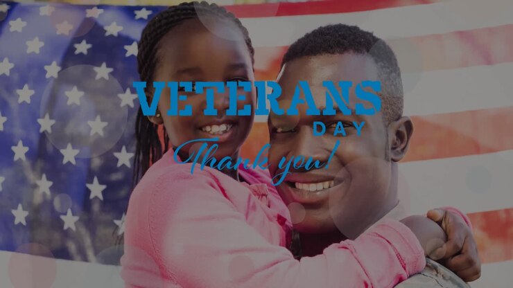 Animation of veterans day text over father with daughter and american flag