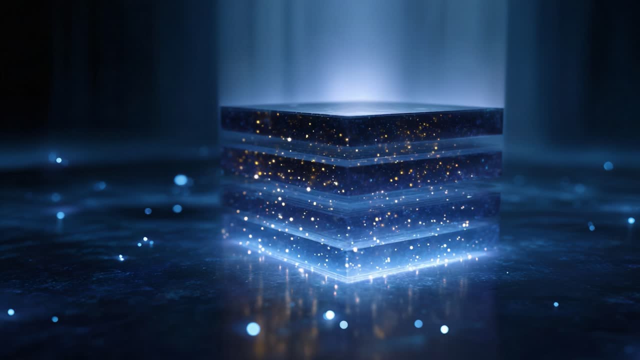 A Stunning Visual Display of a Layered, Glowing Structure Surrounded by Sparkling Light in an Ethereal Environment, Capturing the Essence of Modern Design and Technology