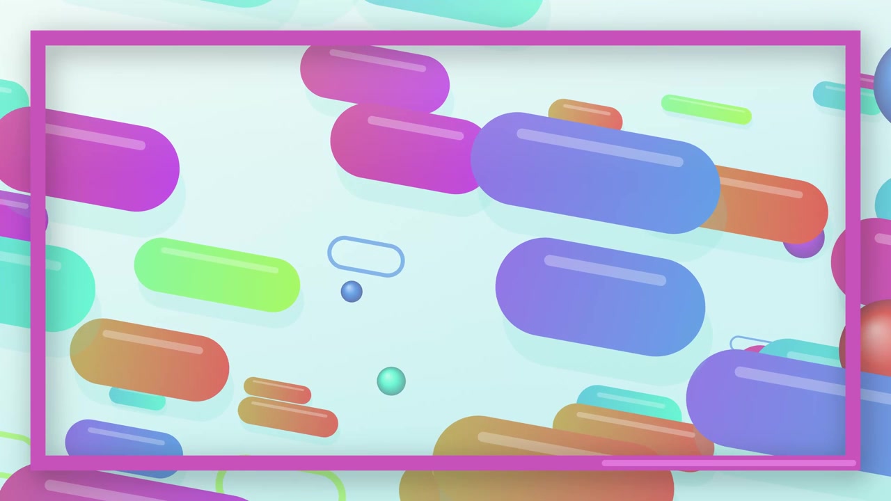 Bright 3D capsules, spheres, and geometric shapes float continuously within a vibrant framed motion loop.
