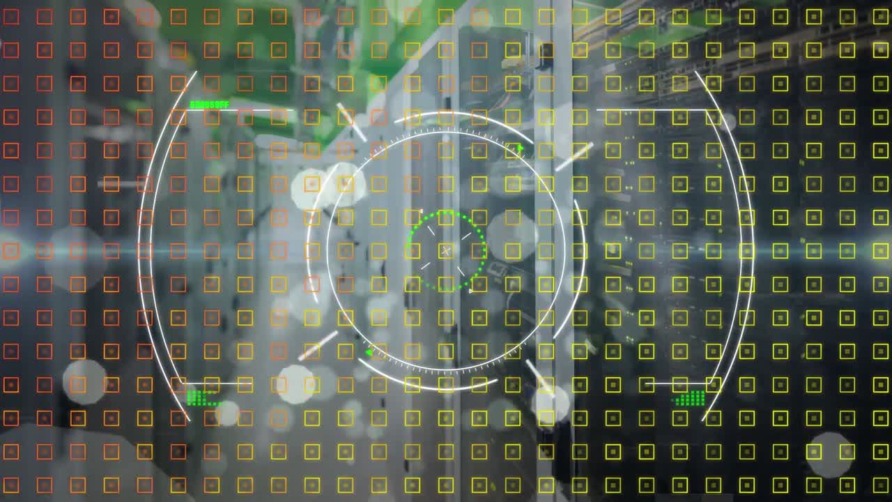 animación de escaneo de alcance sobre manchas blancas flotando contra la sala del servidor de computadora