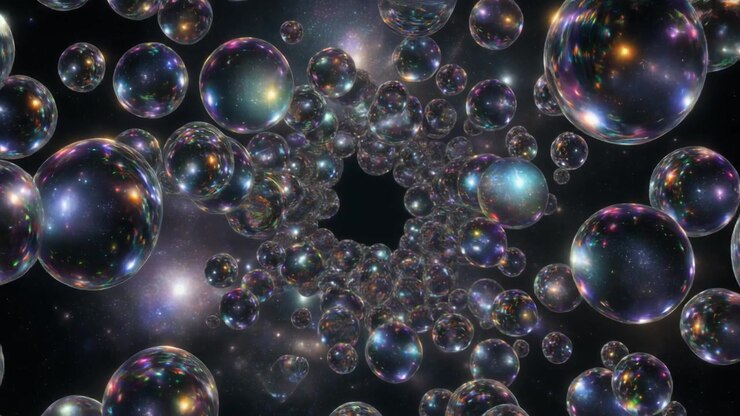 Abstract Tunnel of Iridescent Floating Spheres in Deep Space