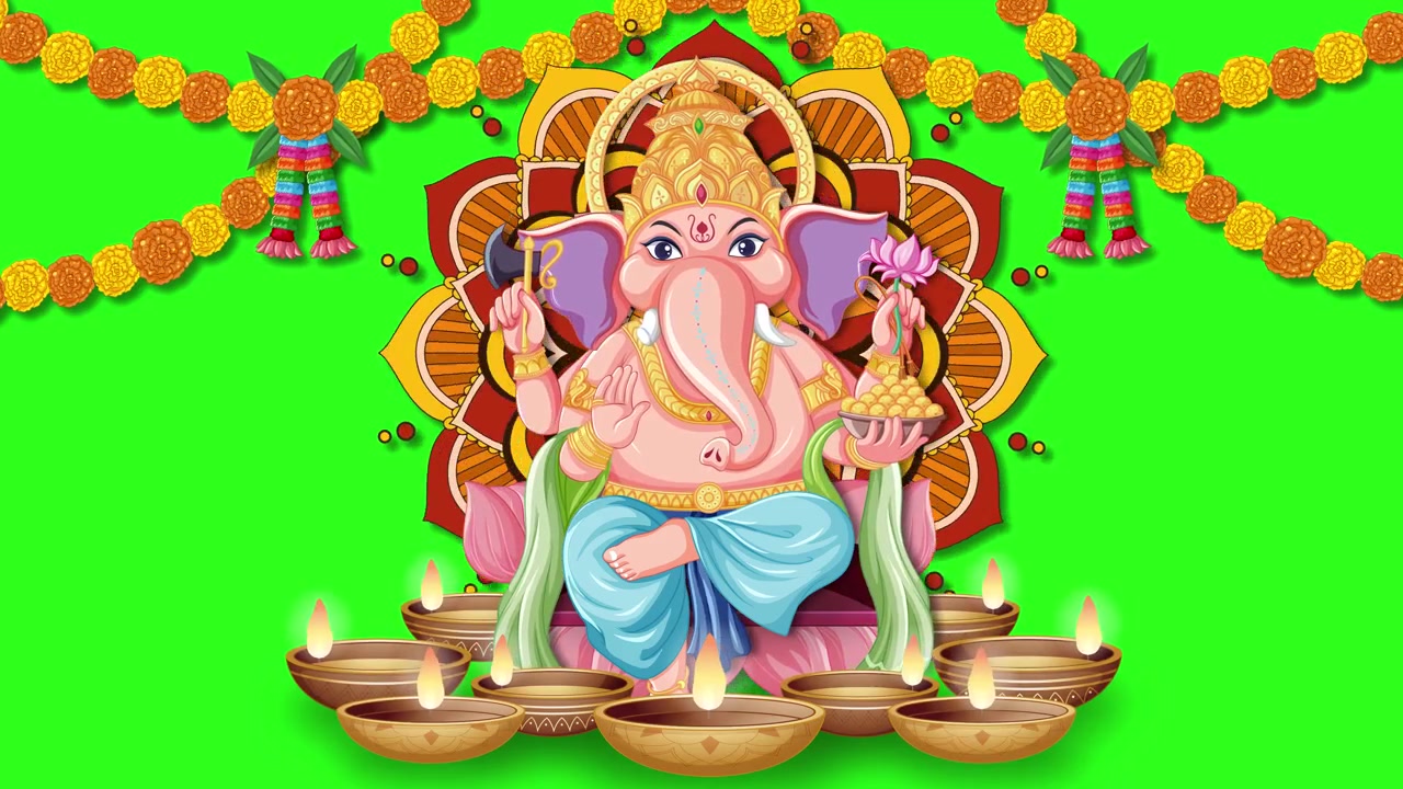 Figura de Ganesha em desenho animado aparece com guirlandas de calêndula e lamparinas a óleo bruxuleantes contra fundo verde.