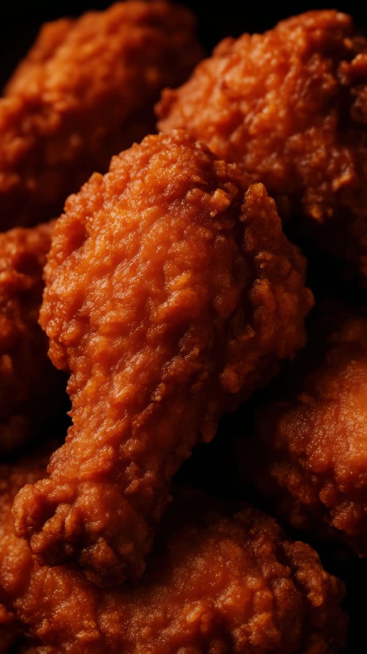 Close-up video shot of crispy fried chicken wings, showcasing rich texture and golden-brown color
