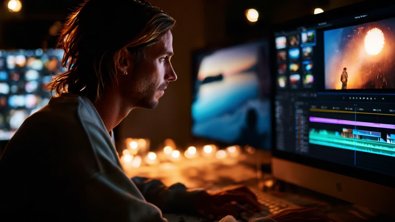Focused Video Editor Analyzing Clips in a Dimly Lit Workspace Surrounded by Screens, Engaged in Crafting a Dynamic Final Product for an Exciting Project