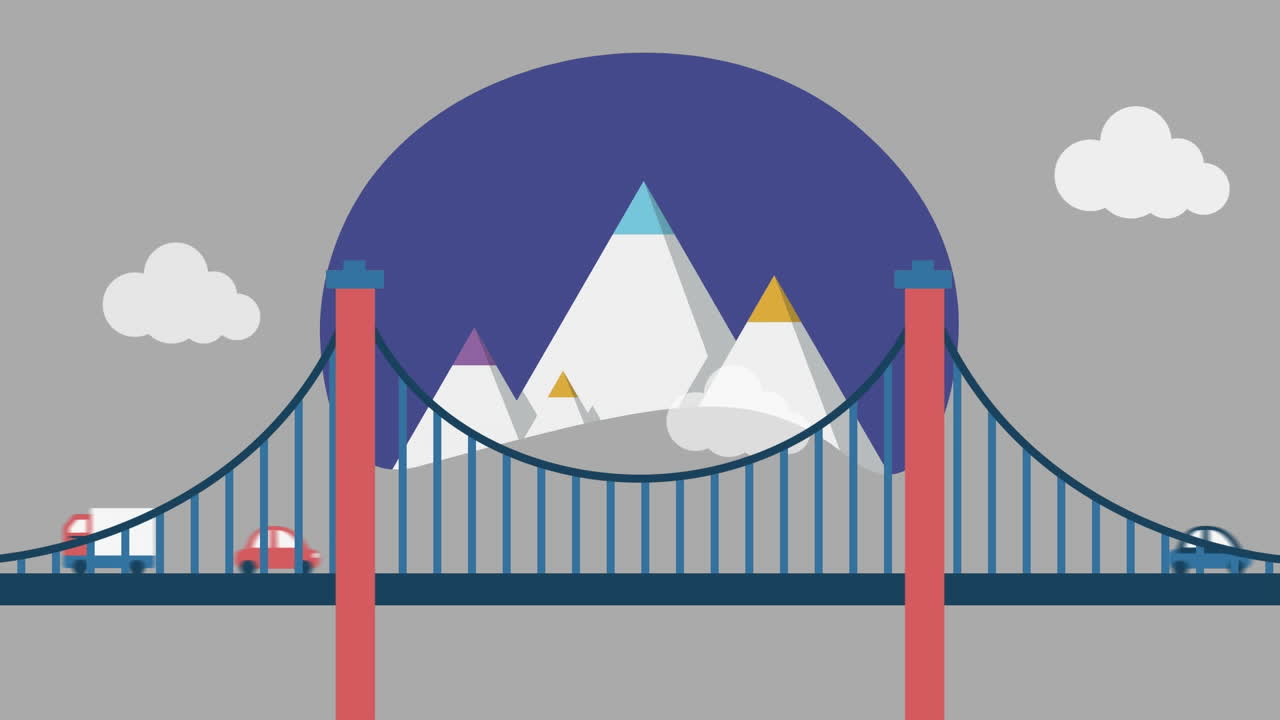 회색 배경 에 산 과 다리 의 애니메이션