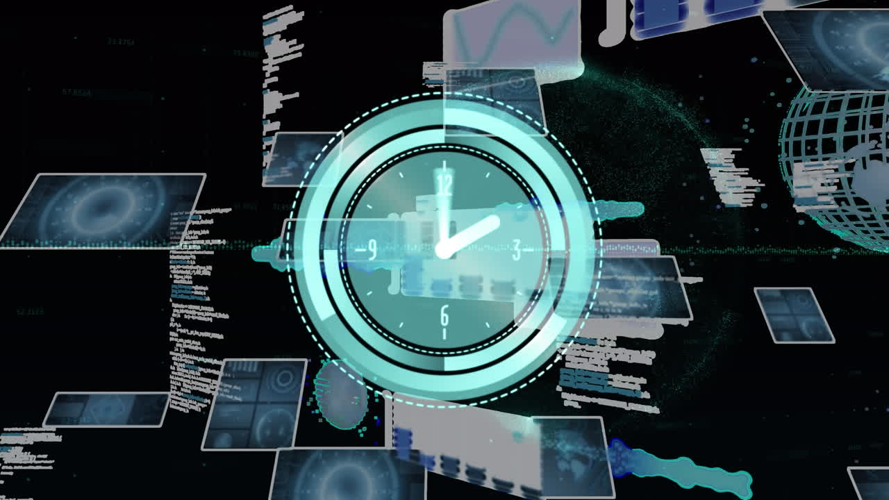 Animation of clock over interfaces with processing data on black