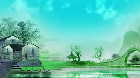 Daytime-ancient-traditional-Chinese-Japanese-landscape-ink-Painting-of-beautiful-calm-old-house,-bridge,-trees,-mountains,-flowers,-lake,-water,-birds,-blue-sky,-boat,-cherry-blossoms-season