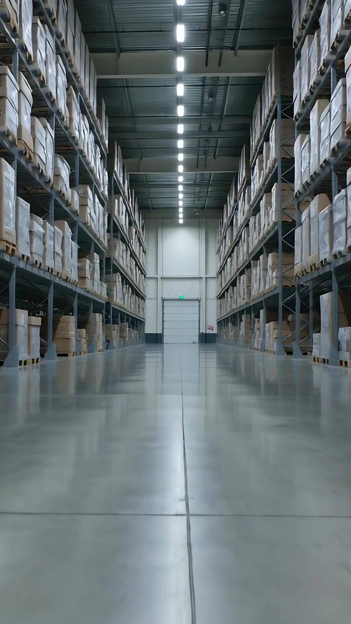 Vertikales Video: Kamera bewegt sich vorwärts durch Mittelgang im Lager, zeigt Palettenregale, Naht.