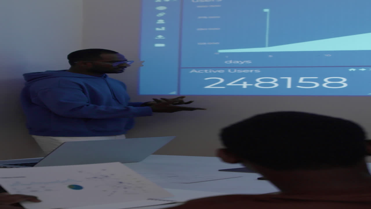 Analyst Explaining Risks on Screen Projection of Graphic at Office