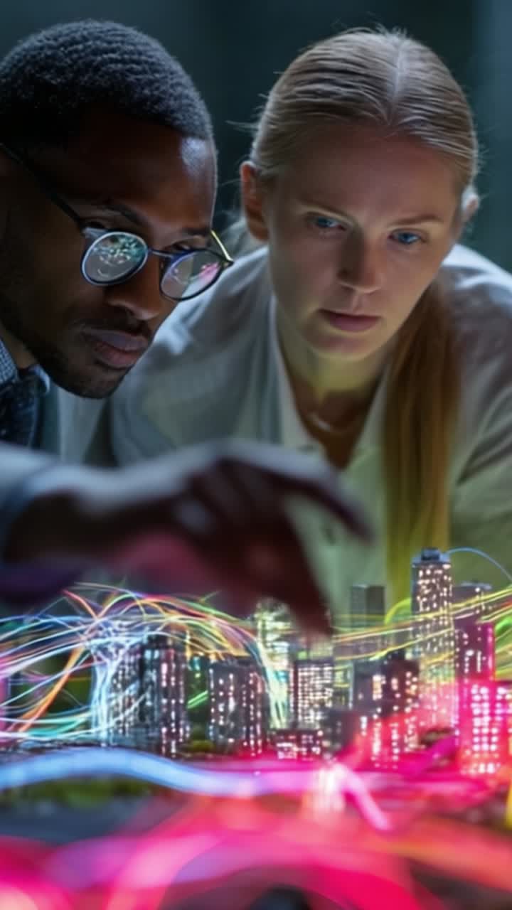 Two professionals intensely collaborating on a glowing, intricate city model, showcasing vibrant lights and detailed structures that represent innovation and creativity