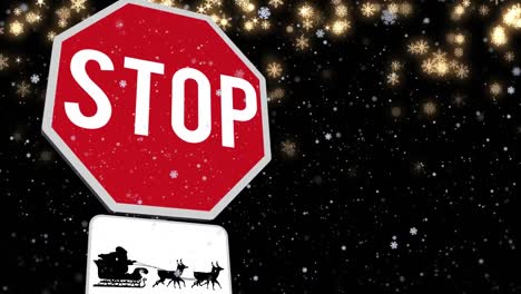 animation of golden snowflakes icons falling over stop signboard against black background