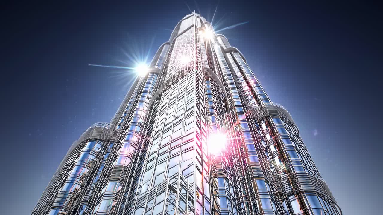 Sunlight reflecting off the Burj Khalifa's shimmering glass facade in Dubai creates a stunning spectacle, set against the backdrop of a vibrant, clear blue sky