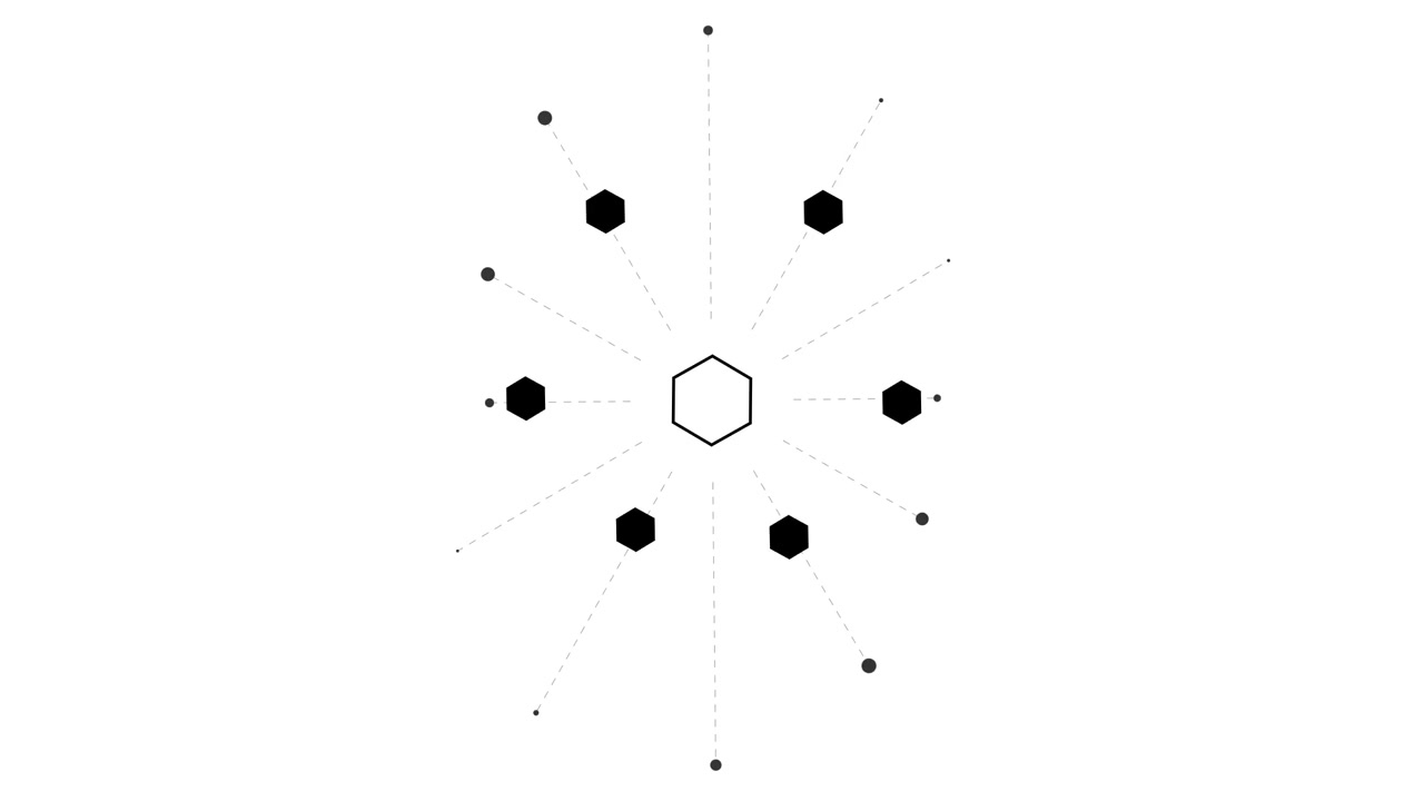 Grafica in movimento astratta di esagoni rotanti e linee di connessione