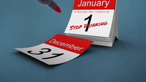 animation of red pen and stop drinking text in red on january 1st of daily calendar