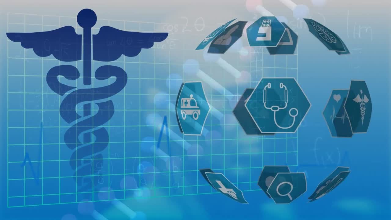 animación de iconos médicos con globo, cadena de adn y procesamiento de datos