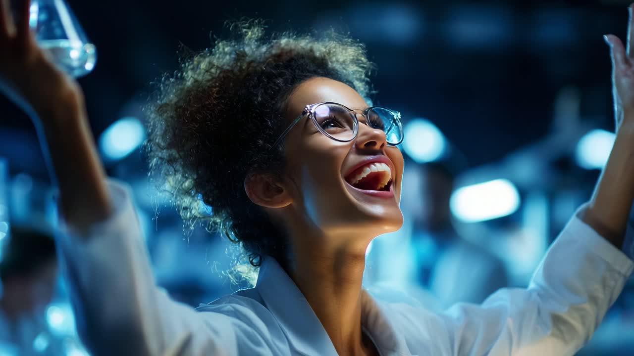 A Celebratory Scientist Raising Her Hands with a Flask in a Lab, Capturing the Joy of Discovery and Innovation Under Ambient Blue Lighting and a Vibrant Atmosphere