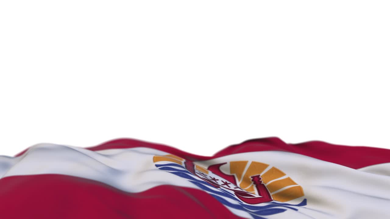 bandera de tela de la polinesia francesa ondeando en el bucle del viento. bordado de polinesia francesa estampado bandera de tela balanceándose en la brisa. fondo blanco medio lleno. lugar para el texto. bucle de 20 segundos.